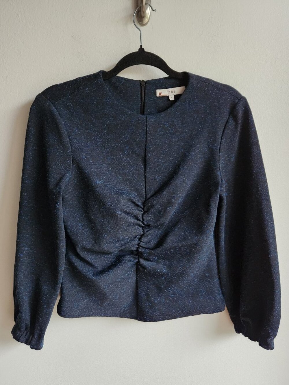 Tibi Eclipse Black Blue Ruched Puffed Sleeve Top - Sz 6